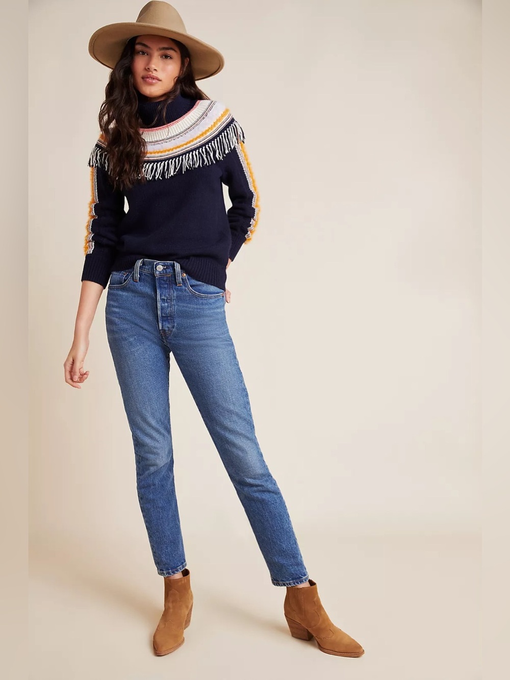 By Anthropologie Margherita Nordic Sweater Blue Fringe Size S